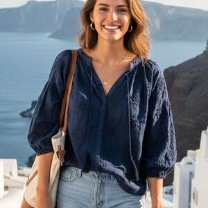 Driftwood Medium $138 Navy Blue Floral Embroidered Tie Neck Peasant Blouse